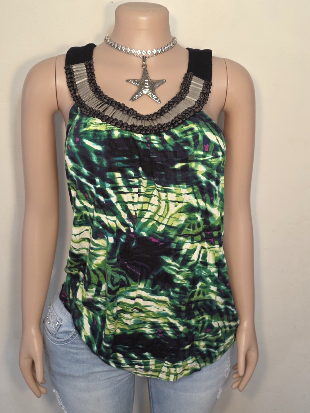 AGB Green Abstract Print Tank with Black Crochet Embellished Neckline